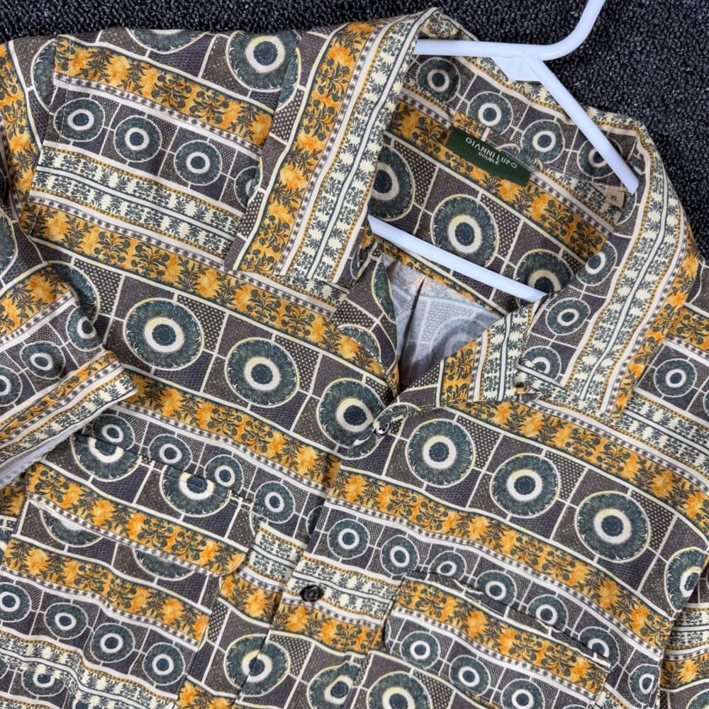 Gianni Lupo Double Camp Shirt Men's XL Tencel Linen Blend Geometric Floral Print